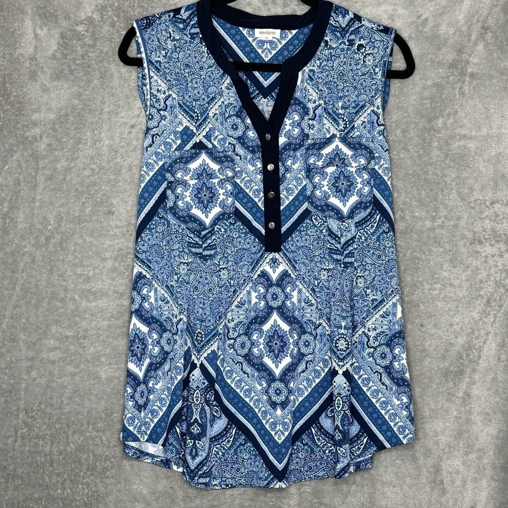 Westport XL Shirt Top Blue Paisley Sleeveless Henley Scoop Neck Stretch Womens